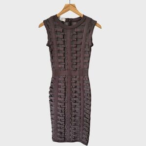 House of London Sleeveless Woven-Panel Bodycon Dress in Dark Brown.